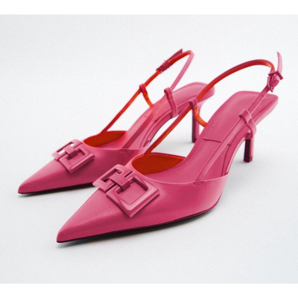 ZARA Leather Heels with Front Buckle NWT | Fuchsia Slingback Size 7.5 - Picture 16 of 16